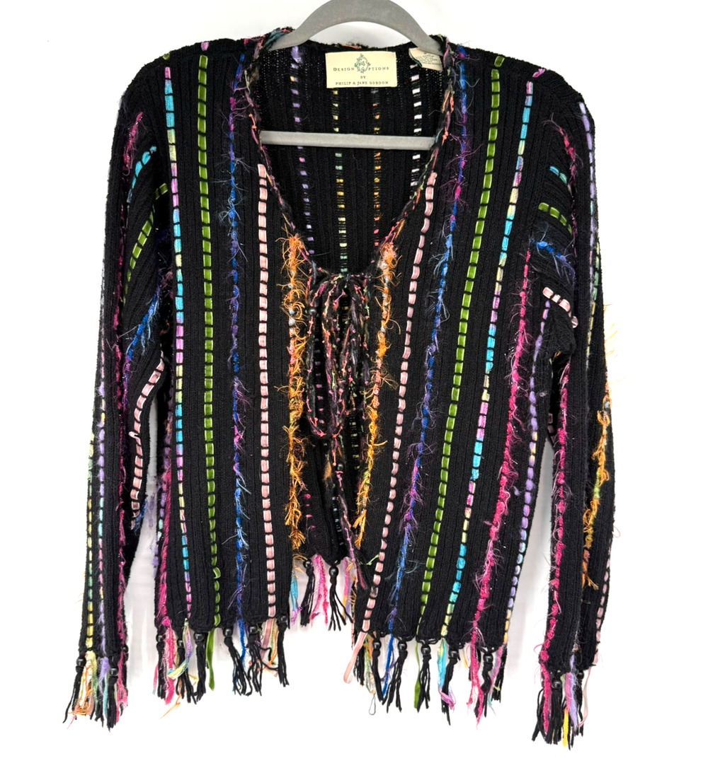Design Options by Phillip & Jame Gordon Cardigan S Black Ramie Colorful Fringe